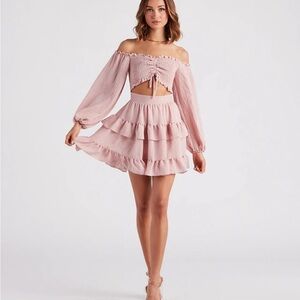 Windsor ruffled cutout skater dress      pink off  shoulder women's Size Large